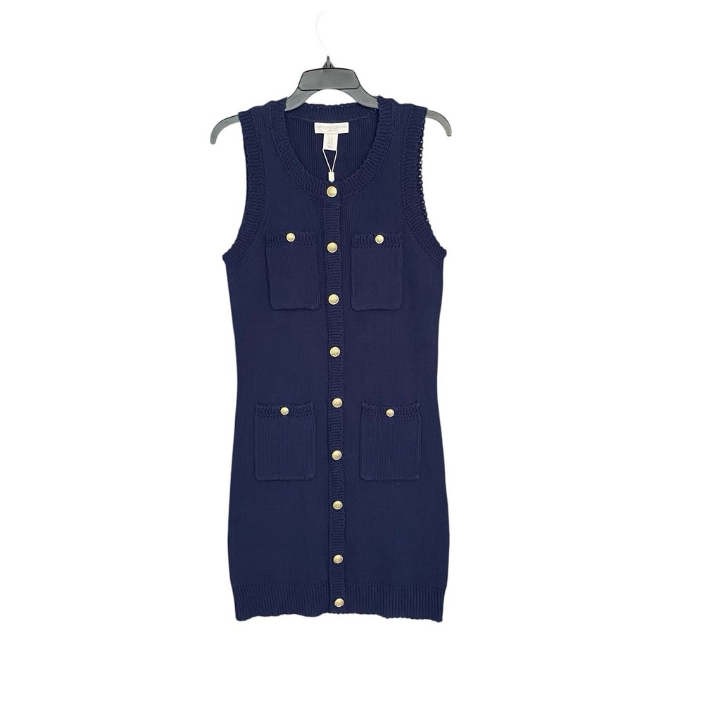 Caroline Constas Women's M Navy Knit Mini Dress Gold Button Sleeveless Pockets
